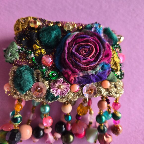 Gypsy Hand Embroidered Bracelet | Boho Tie-dye -Style Textile Cuff | Whimsical - Picture 3 of 11